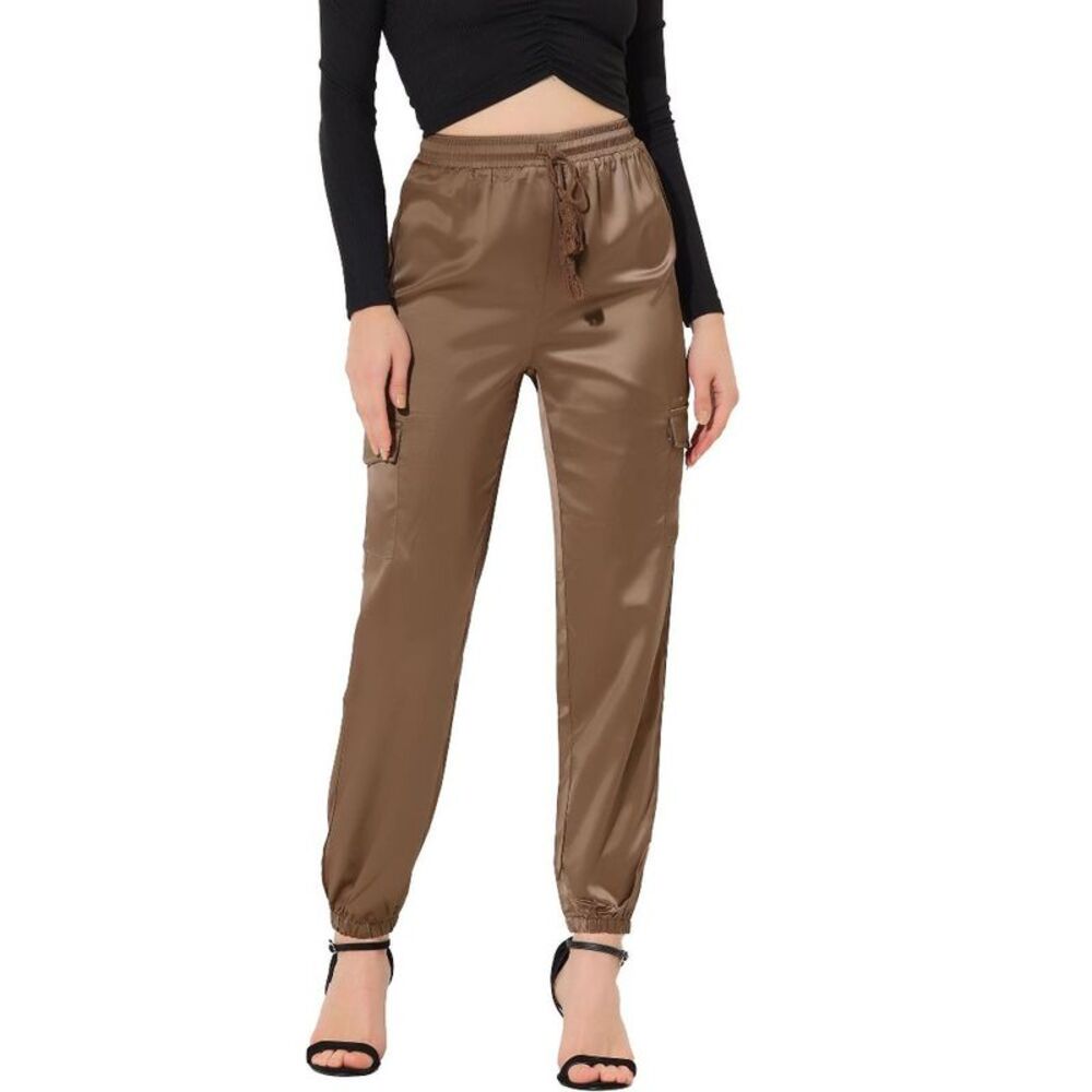 Women's Satin Drawstring Elastic High Waist Shiny Silky Cargo Pants Large Tan